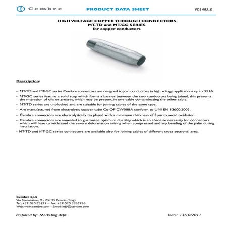Cembre High Voltage Copper Cable Splices to 11-33kV