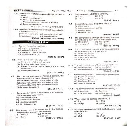 Cement & Lime_SSC JE_MCQ_SOLVED_2007-2018
