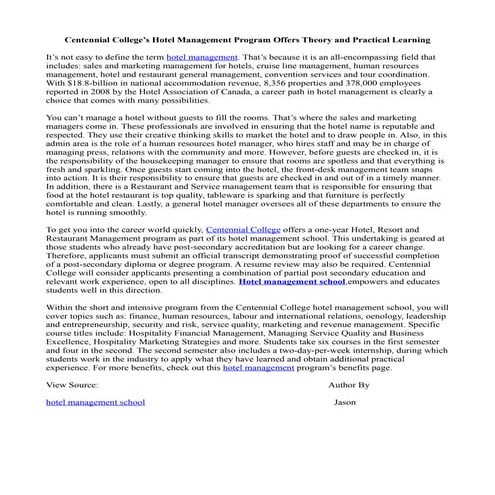 Centennial college’s hotel management program offers theory and practical lea...