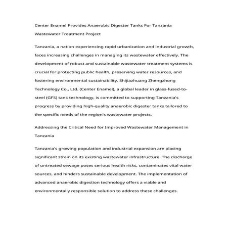 Center Enamel Provides Anaerobic Digester Tanks For Tanzania Wastewater Treat...