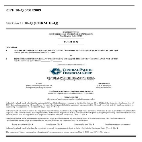 Q1 2009 Earning Report of Central Pacific Bank
