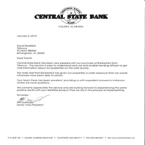 Central State Bank of Calera Reference
