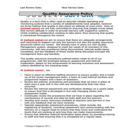 Centre Quality Review sample