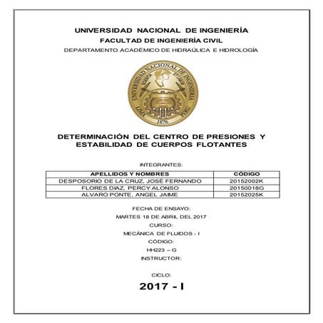 Informe de Mecanica de Fuidos: Centro de Presiones