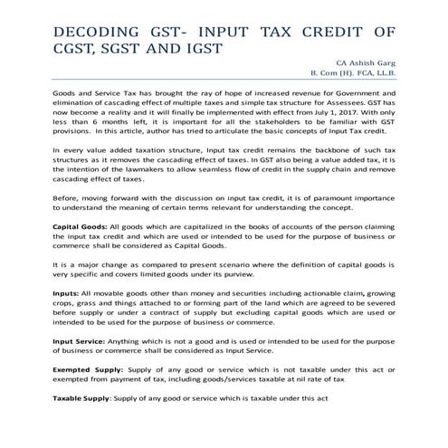DECODING GST- INPUT TAX CREDIT OF CGST, SGST AND IGST