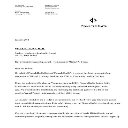 Michael A. Young, President and CEO, PinnacleHealth System - 2013 Community Leadership Award Nominee