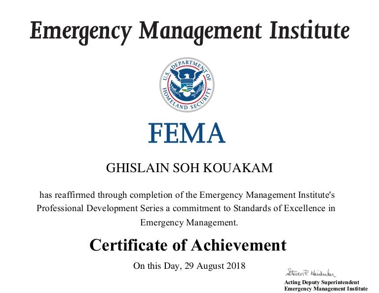 Emergency Management Institute Certificate of Achievement