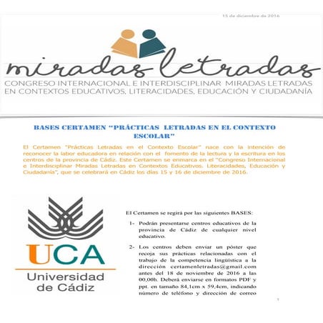 Bases del Certamen "Miradas letradas en el contexto en el contexto escolar"