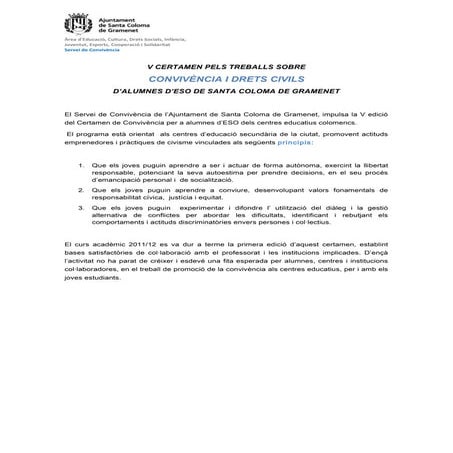 Bases de la V Edició del Certamen de Convivència i Drets Civils, organitzat p...