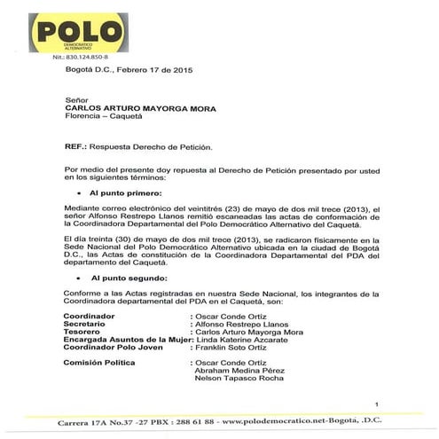 Certificación de la Secretaria General del Polo Democratico Alternativo Nacional