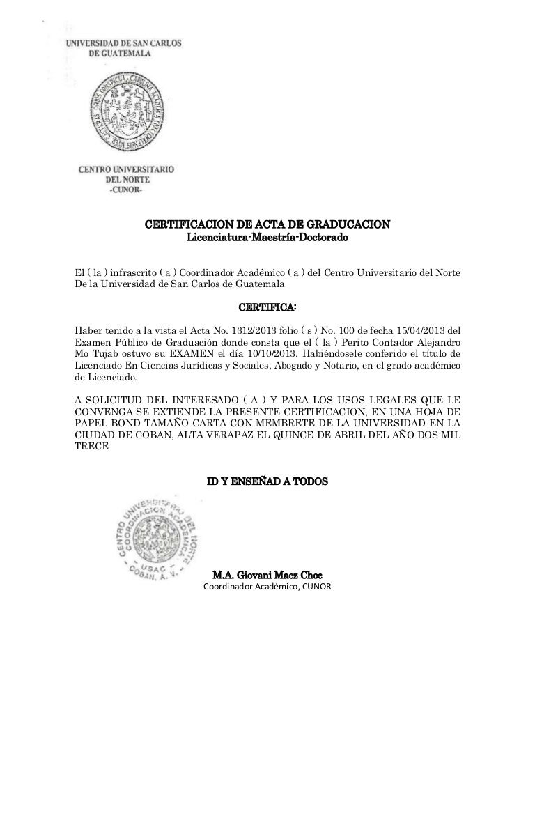 Certificacion de acta de graducacion