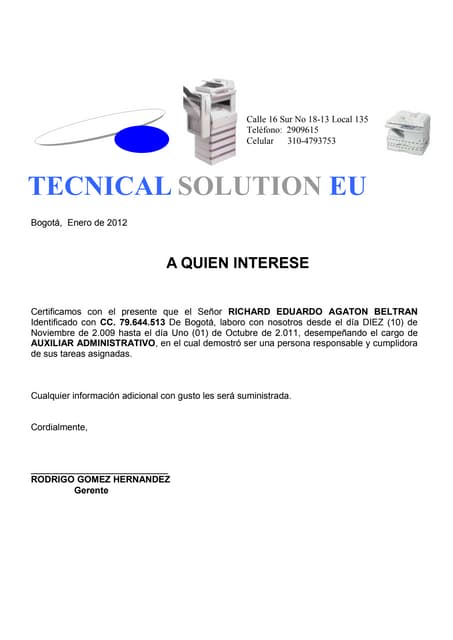 Carta de solicitud certificados laborales
