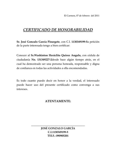Certificado de honorabilidad Certificado de honorabilidad