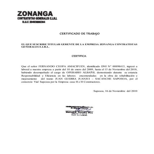 Certificado de trabajo