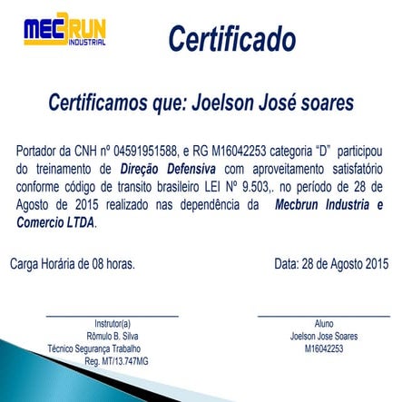 Certificado direção defensiva