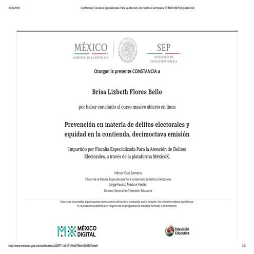 Constancia Prevención en materia de delitos electorales y equidad en la ...