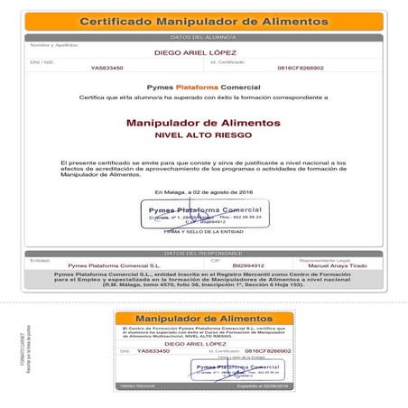 Certificado manipulador de alimentos - Málaga, España