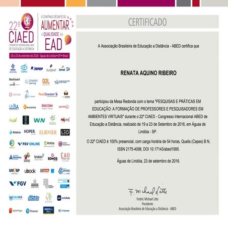 Certificado mesa redonda pesquisa educacao abed 2016