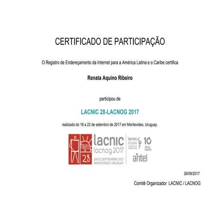 Certificado participacao lacnic 28 lacnog 2017