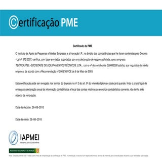 Certificado PME - TECNIQUITEL