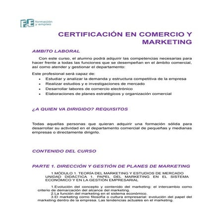 Fe Formación Certificado profesional de comercio y marketing