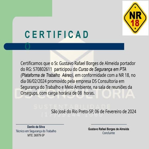 Certificado PTA NR 18 certificado 181818