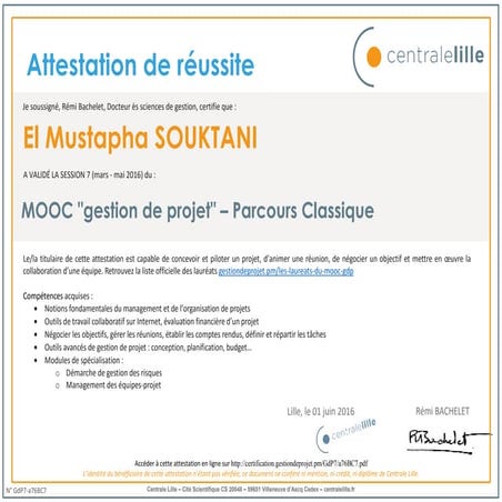 Attestation de réusite MOOC Destion de Projet | PDF