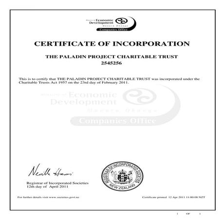 The Paladin Project Charitable Turst Certificate of Incorporation | PDF