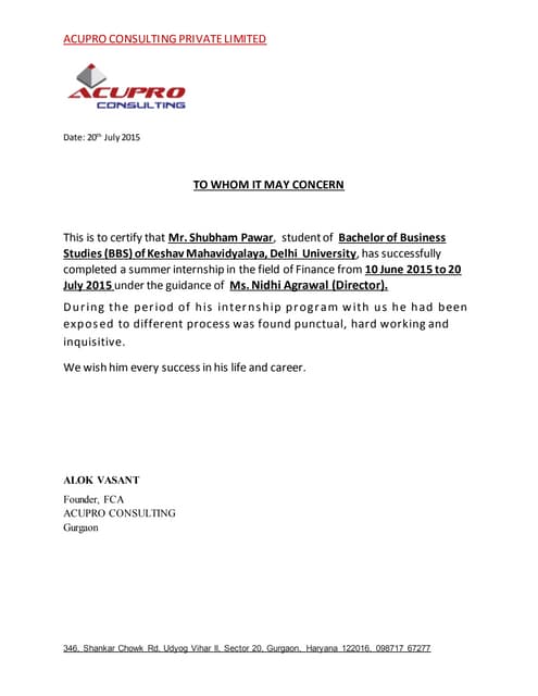 internship certificate on finance summer internship certificate