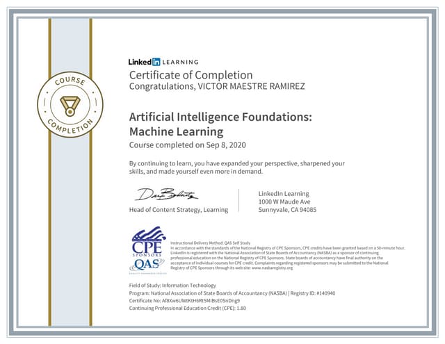 Certificate - Artificial Intelligence Foundations: Machine Learning