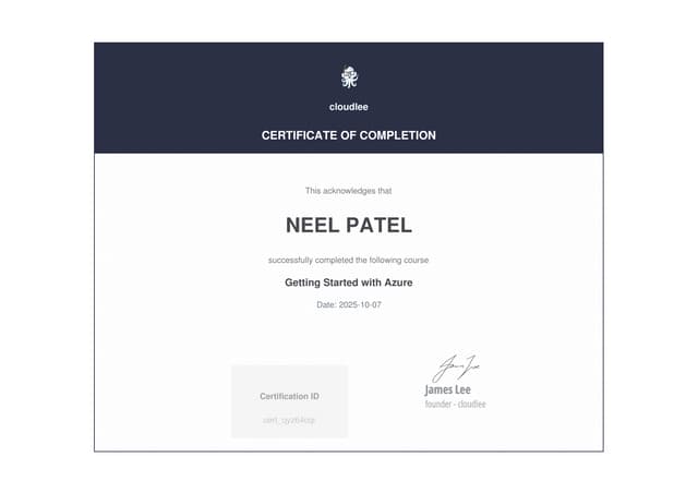 Certificate of Completion For Getting Started With Azure