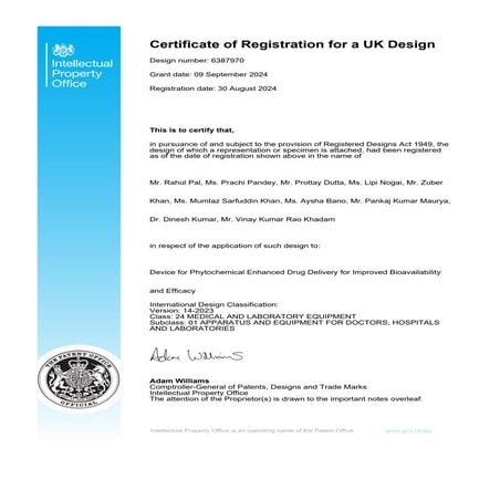 Device for Phytochemical Enhanced Drug Delivery for Improved Bioavailability and Efficacy (International UK Patent)