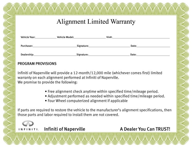 Infiniti Alignment Warranty Certificate