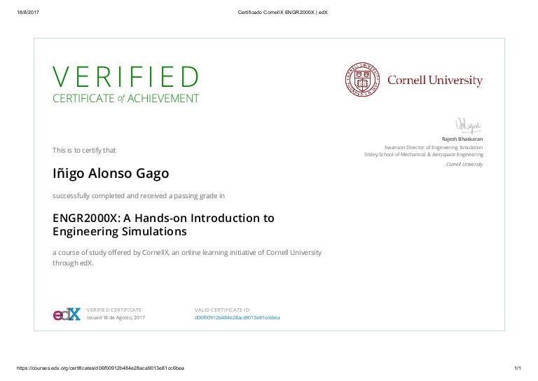 Certificate Cornell University cornell x engr2000x edx