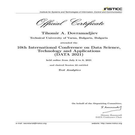 Official Certificate DATA 2021 - Session Chair Assoc. Prof. Dr. Eng. TIHOMIR ...