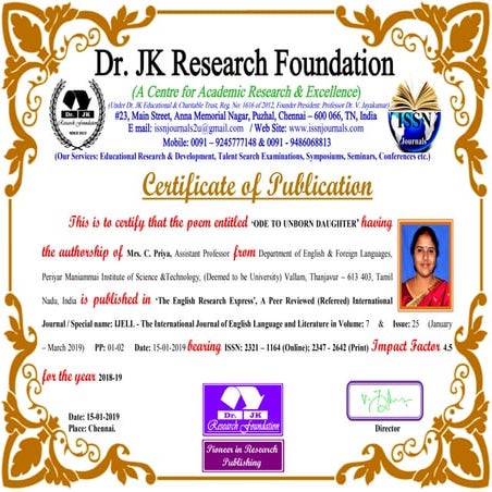 Certificate for poem "Ode to Unborn Daughter'