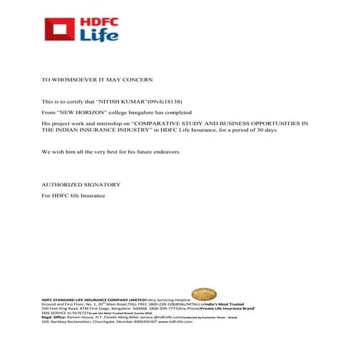 Certificate hdfc