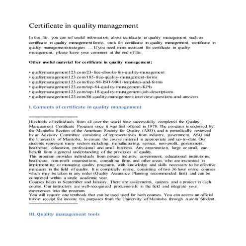Certificate in quality management