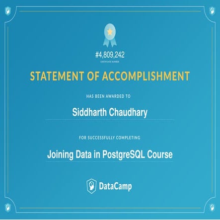 Certificate joining data in postgre sql course