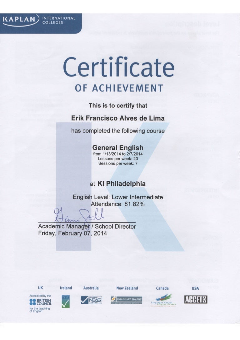 Certificate of Achievement Kaplan Philadelphia General English