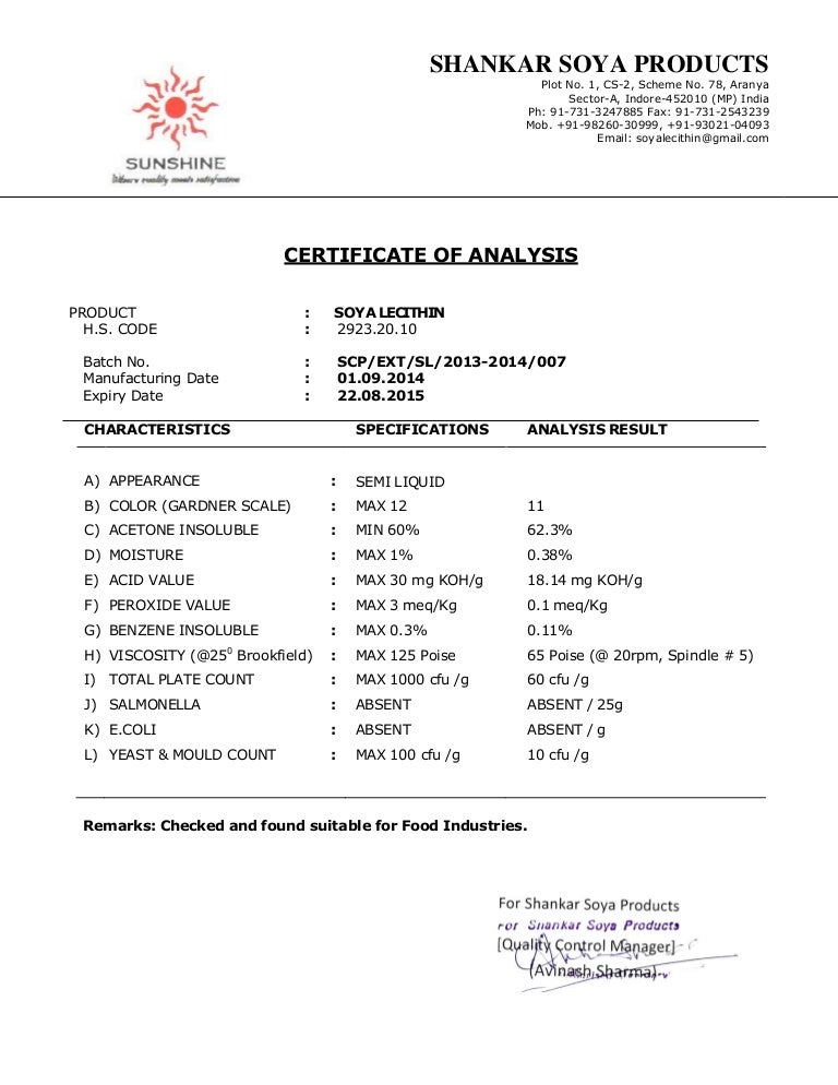 Certificate of analysis Certificate of analysis