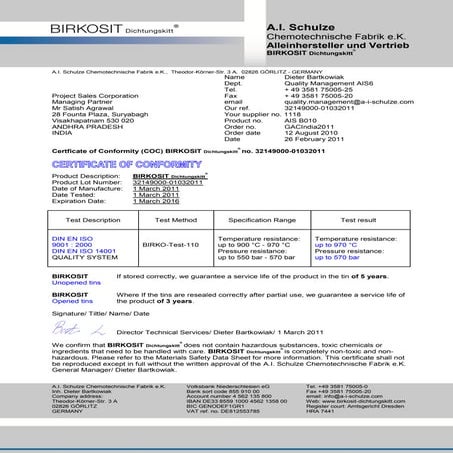 Certificate of Analysis, March 2011, Exp March 2016 birkosit