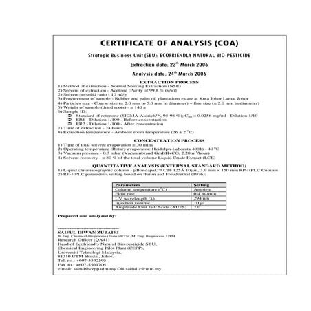 HPLC CERTIFICATE OF ANALYSIS (COD) FOR A.I. CONTENT