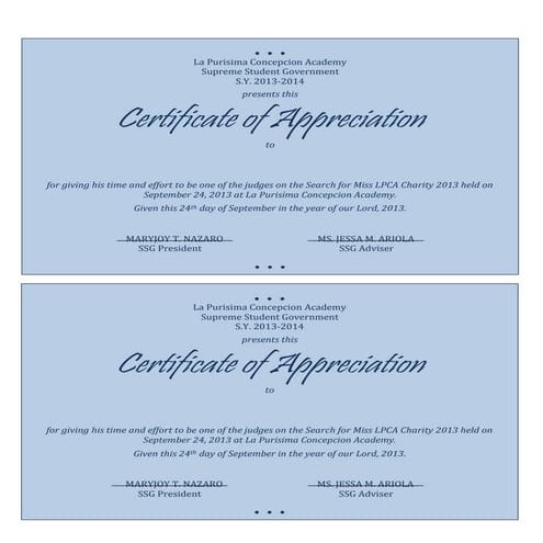 Certificate of appreciation to judges Maryjoy Nazaro