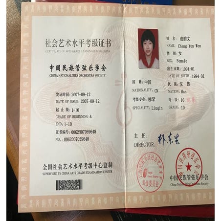 Certificate of arts grade examination of china