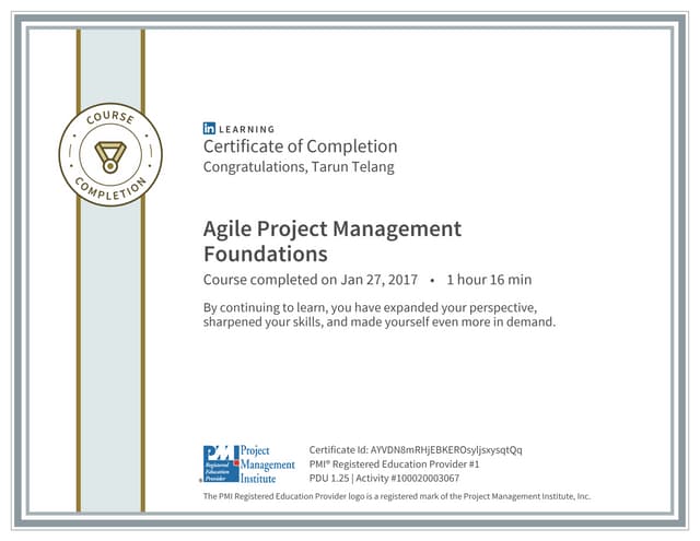 Agile Project Management Fundations - Certificate of completion