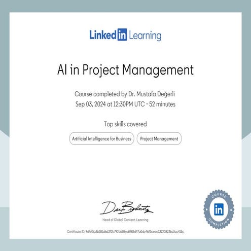 AI in Project Management - Course completed by Dr. Mustafa Değerli