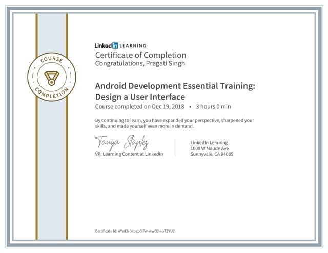 Certificate of completion android development essential training design a use...