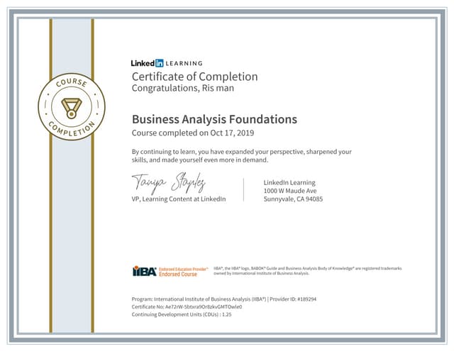 Certificate Of completion Business Analysis Foundations 