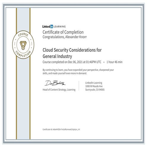 Certificate of completion cloud security considerations for general industry